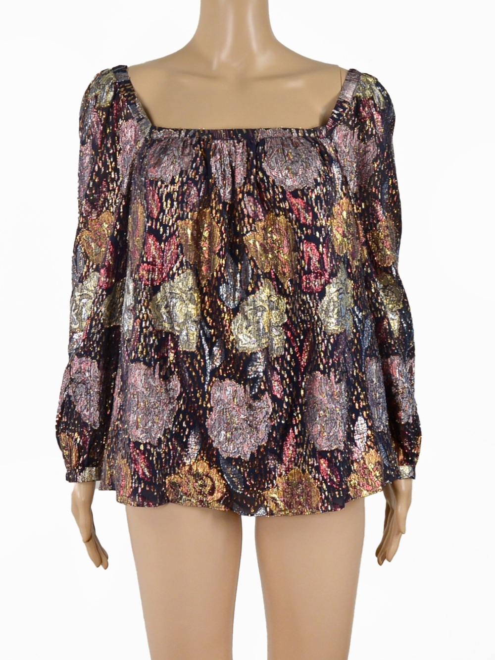 NWT Rebecca Taylor LS Rose Clip Blouse Silk Metallic Floral Top in Shadow